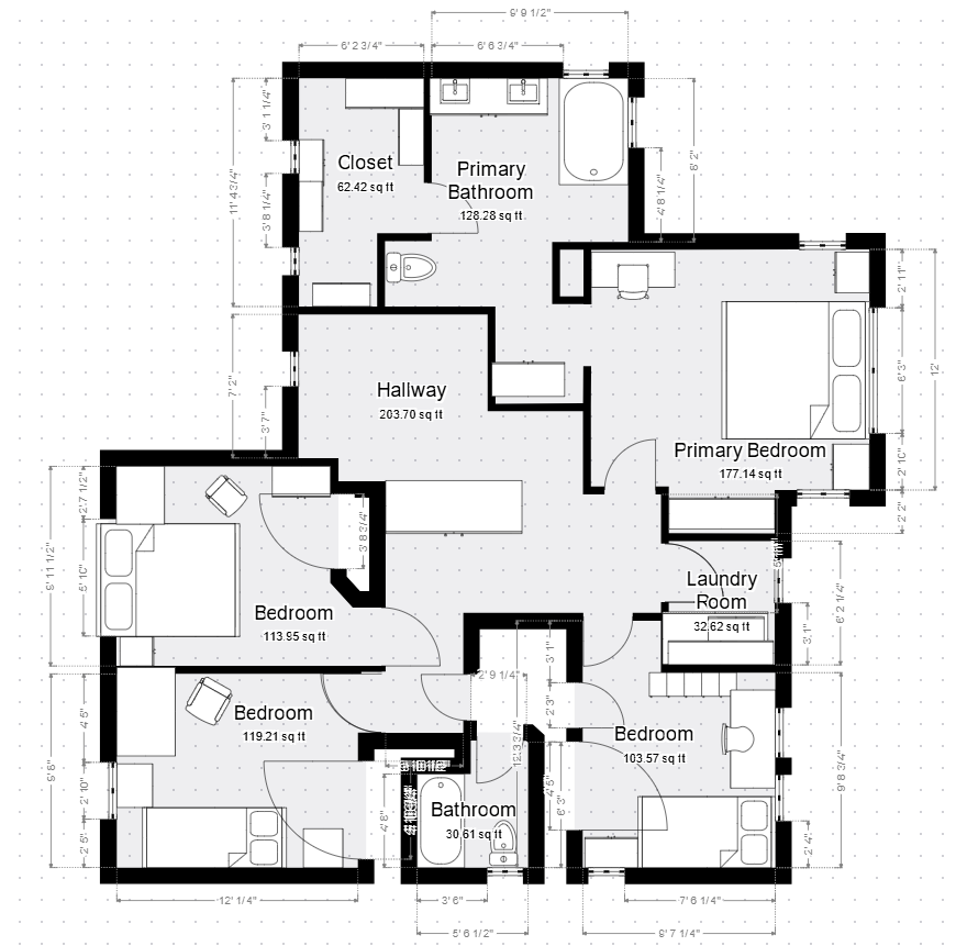 Black-and-white house floor plan with labeled rooms, including primary bedroom, bathrooms, bedrooms, laundry, and hallways