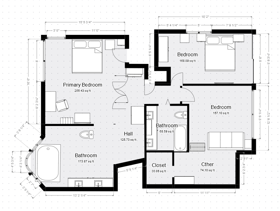 Black-and-white floor plan of a two-bedroom apartment with kitchen, dining, living room, bath, and closets