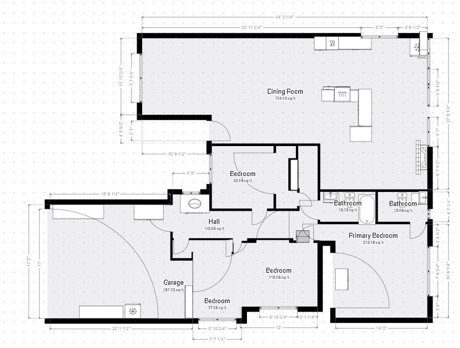 Black-and-white house floor plan with labeled rooms and doors viewed from above