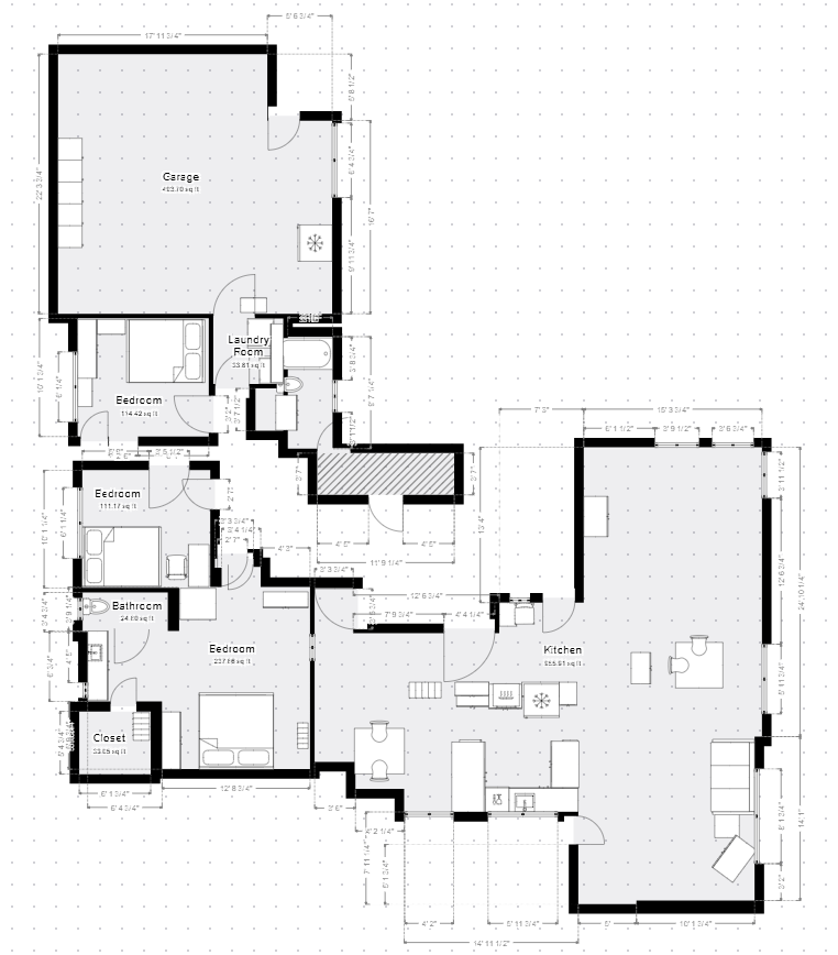 Black-and-white architectural floor plan of a house with multiple rooms and a large living area