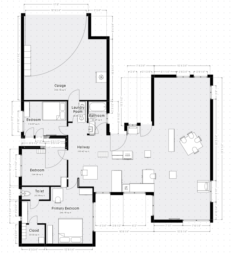 Black-and-white house floor plan with multiple rooms, kitchen, baths, and a large living area.