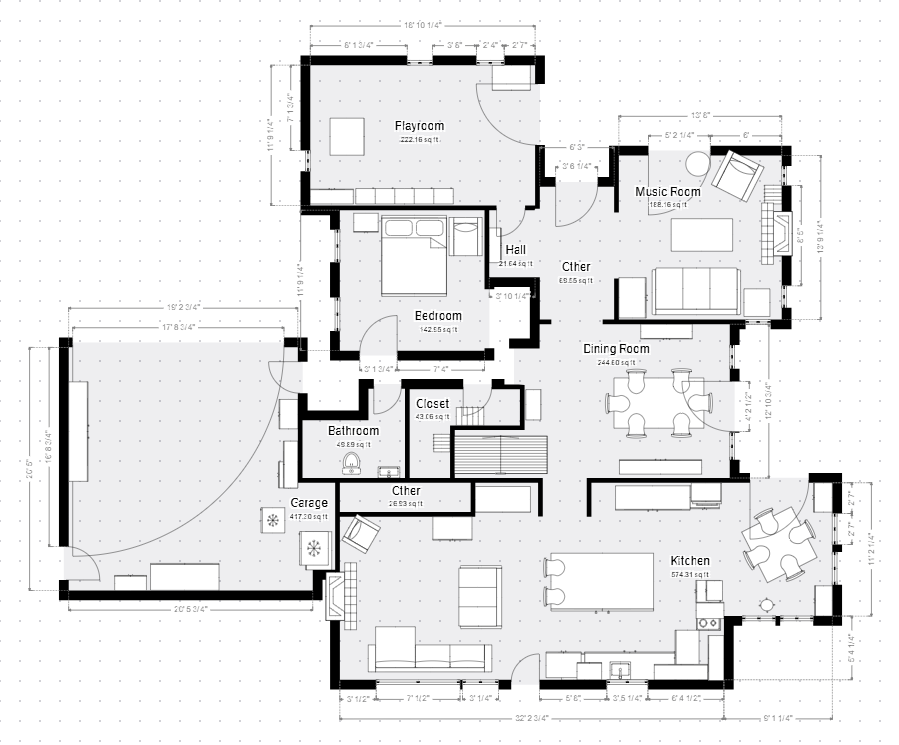 Black-and-white floor plan of a house with labeled rooms and furniture layout