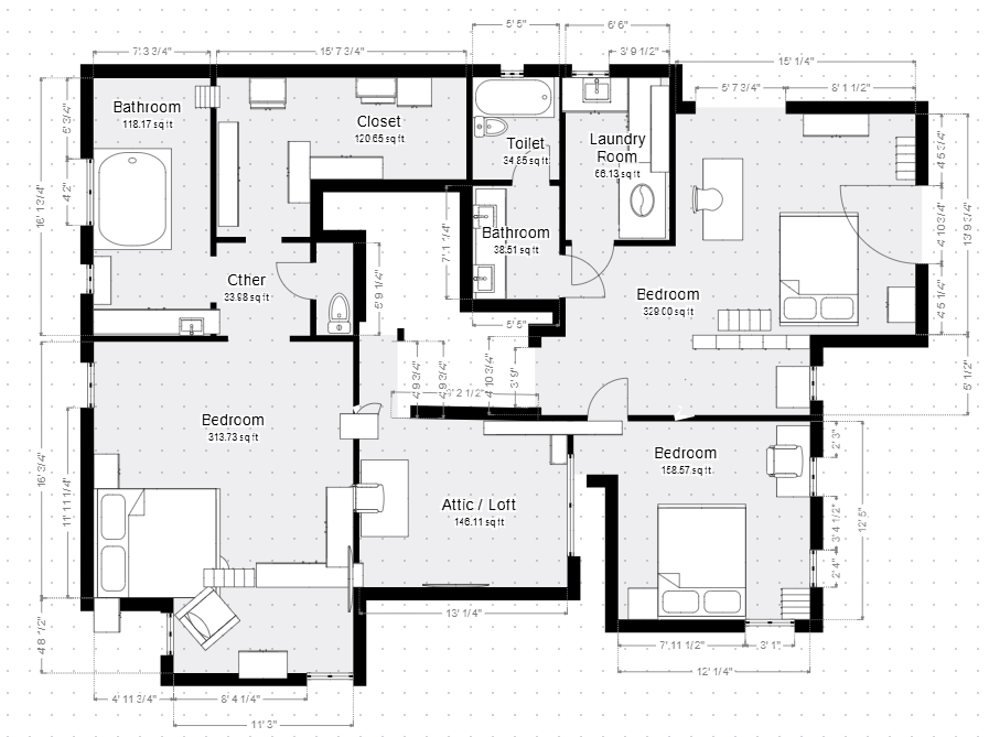 Black-and-white floor plan of a house with labeled rooms, bedrooms, kitchen, baths, and living spaces
