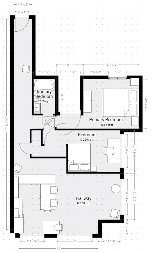Black-and-white floor plan of an apartment layout with labeled rooms and measurements