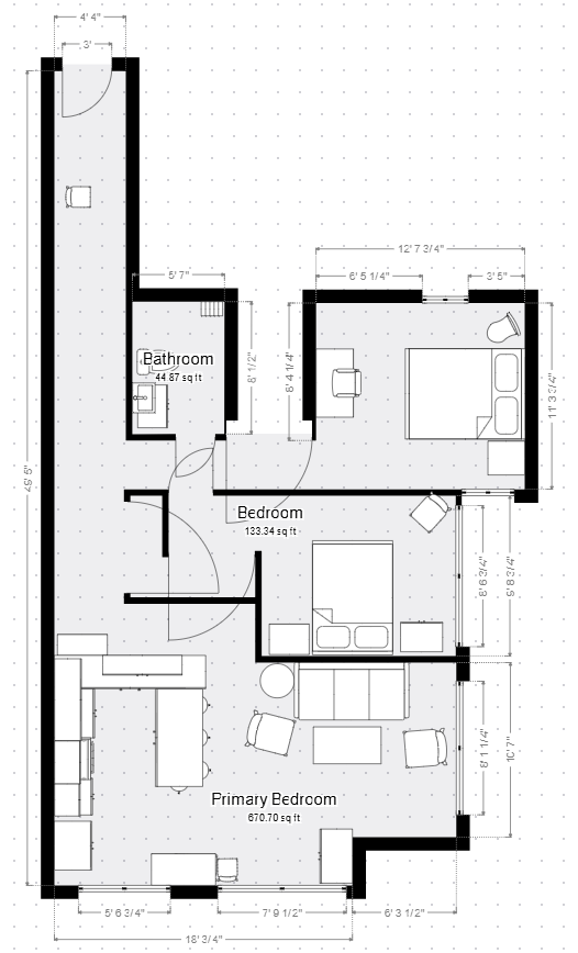 Black-and-white apartment floor plan showing rooms, hallways, kitchen, bath, and labeled living and bedroom areas
