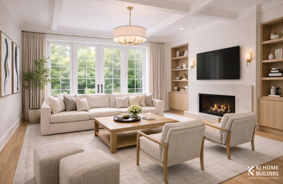 Bright neutral living room with beige sofas, fireplace, wall-mounted TV, and large windows overlooking trees