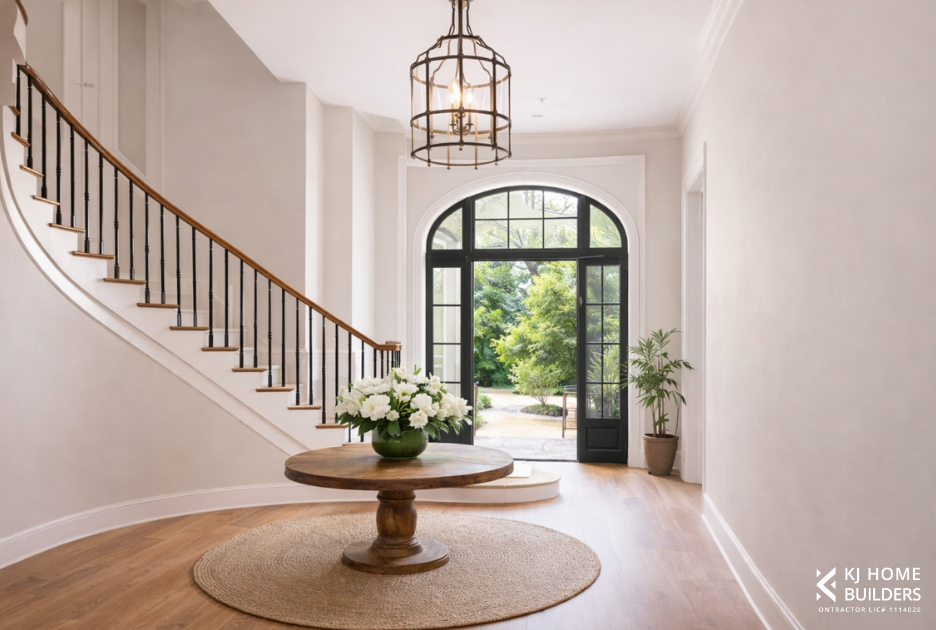 Bright foyer with curved staircase, round table centerpiece, and arched glass front door.