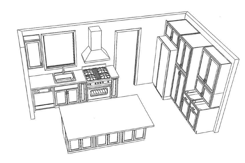Black-and-white sketch of a small room with a table, kitchen counter, shelves, and a wardrobe/cabinets.