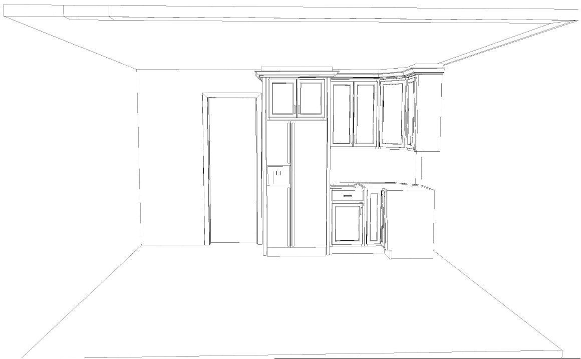 Minimal line drawing of a kitchen with cabinets, refrigerator, stove, and sink