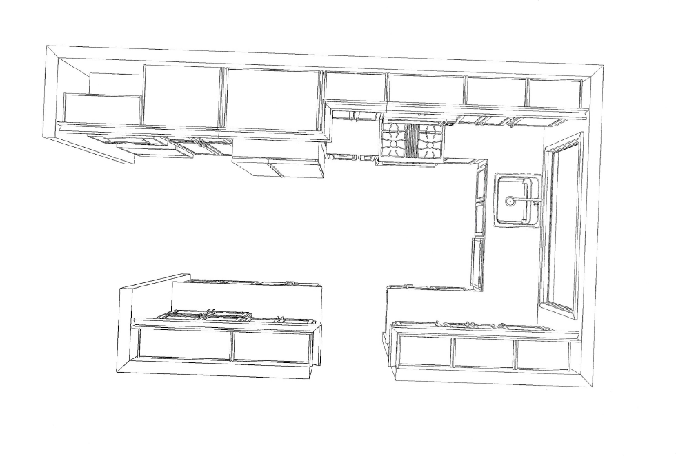 Simple top-down sketch of an L-shaped kitchen layout with cabinets and an island.