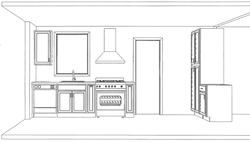 Line drawing of a modern kitchen with cabinets, sink, stove, door, and refrigerator.