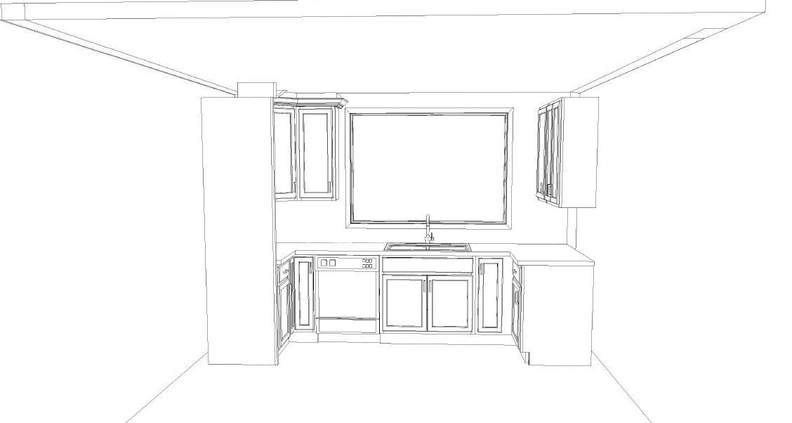 Minimalist line drawing of a kitchen with cabinets, sink, counter, and large window or TV above.