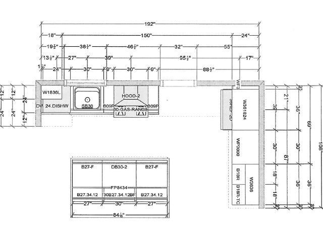 Kitchen and cabinet layout blueprint with measurements and appliance placements