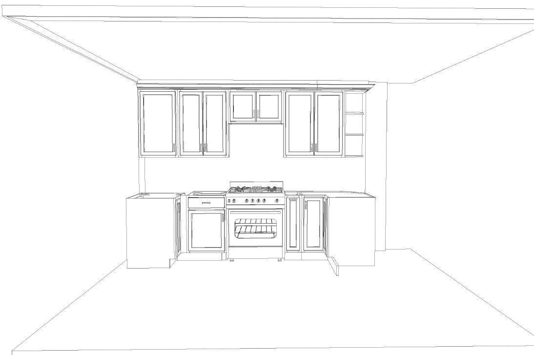 Simple black-and-white line drawing of a kitchen interior with cabinets, stove, sink, and countertops.