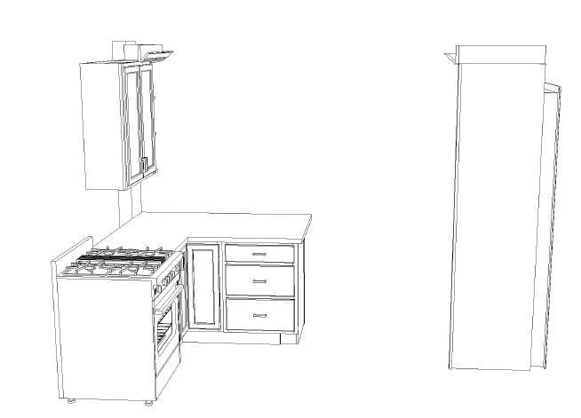 Simple line drawing of a kitchen layout with cabinets, stove, sink, and tall refrigerator.