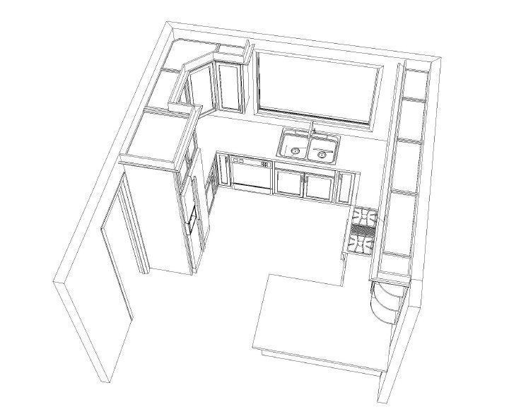 3D sketch of a compact kitchen and dining area with cabinets, appliances, and a table