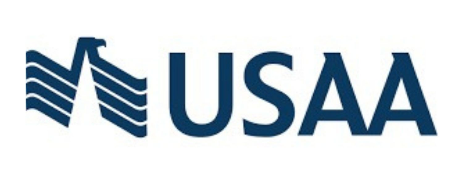 Dark blue USAA logo featuring a stylized eagle head above four horizontal lines to the left of the letters USAA.