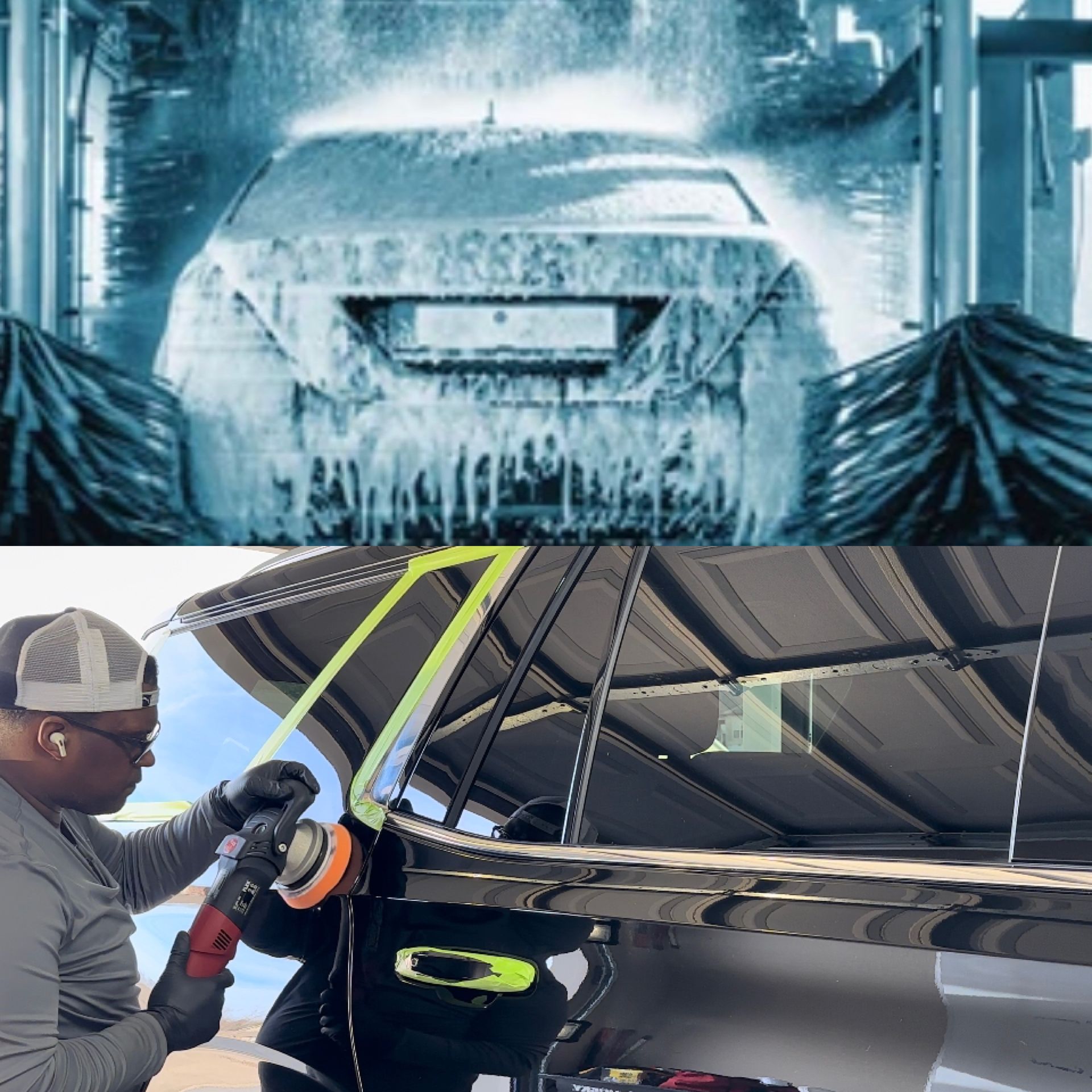 Car wash, suds flowing over a car, followed by a person polishing a car with a machine.
