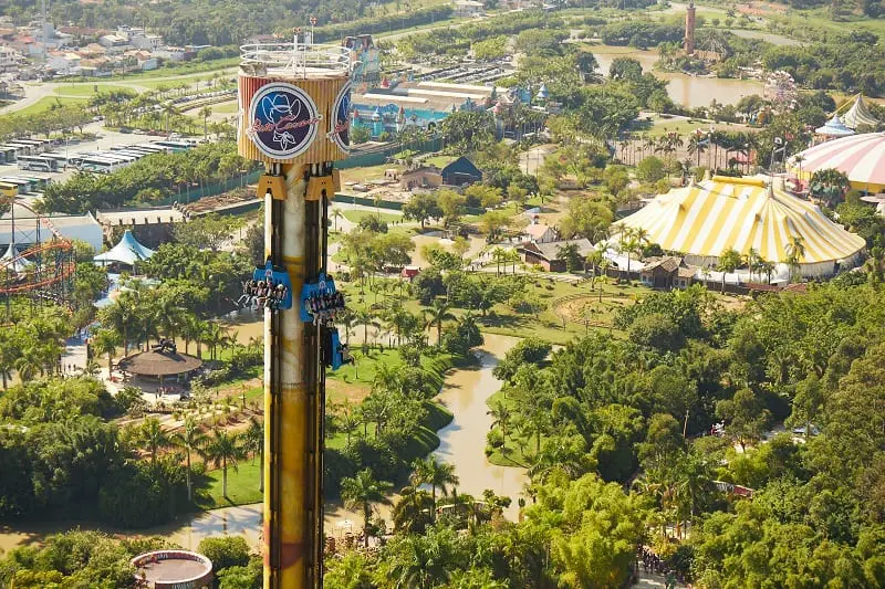 Um brinquedo em uma torre de queda livre em um parque de diversões, com os participantes descendo, cercado por árvores e prédios.