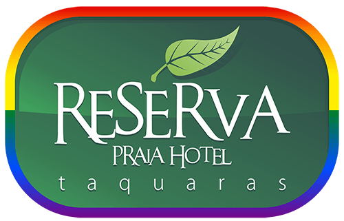 Logotipo do Reserva Praia Hotel, Taquaras. Apresenta borda de arco-íris, fundo verde, folha e texto branco.
