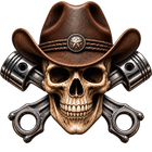 Skull with bandana and crossed pistons, forming a biker-style emblem