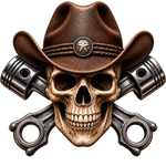 Skull with bandana and crossed pistons, forming a biker-style emblem