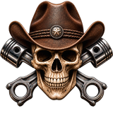 Skull with bandana and crossed pistons, forming a biker-style emblem