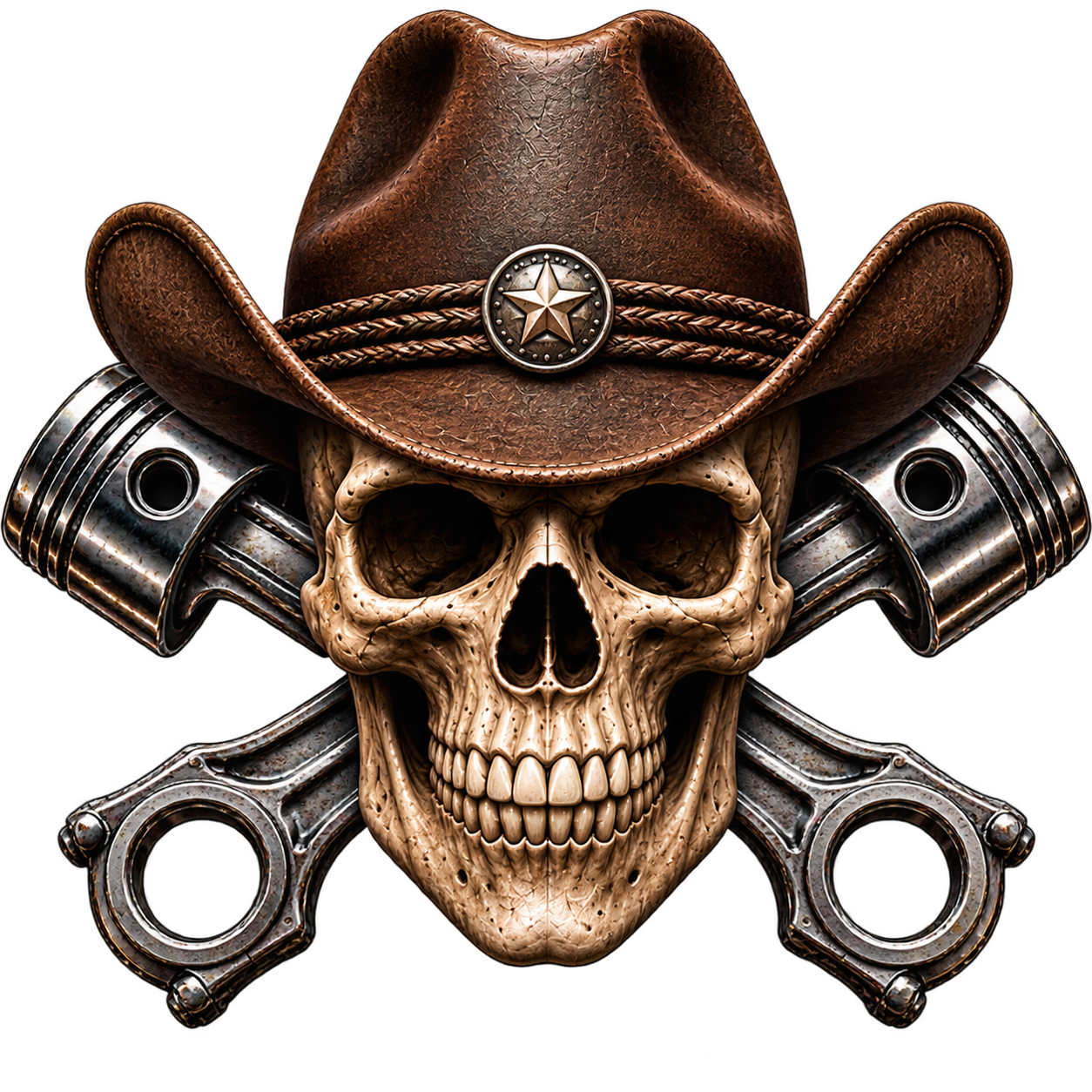 Skull with bandana and crossed pistons, forming a biker-style emblem