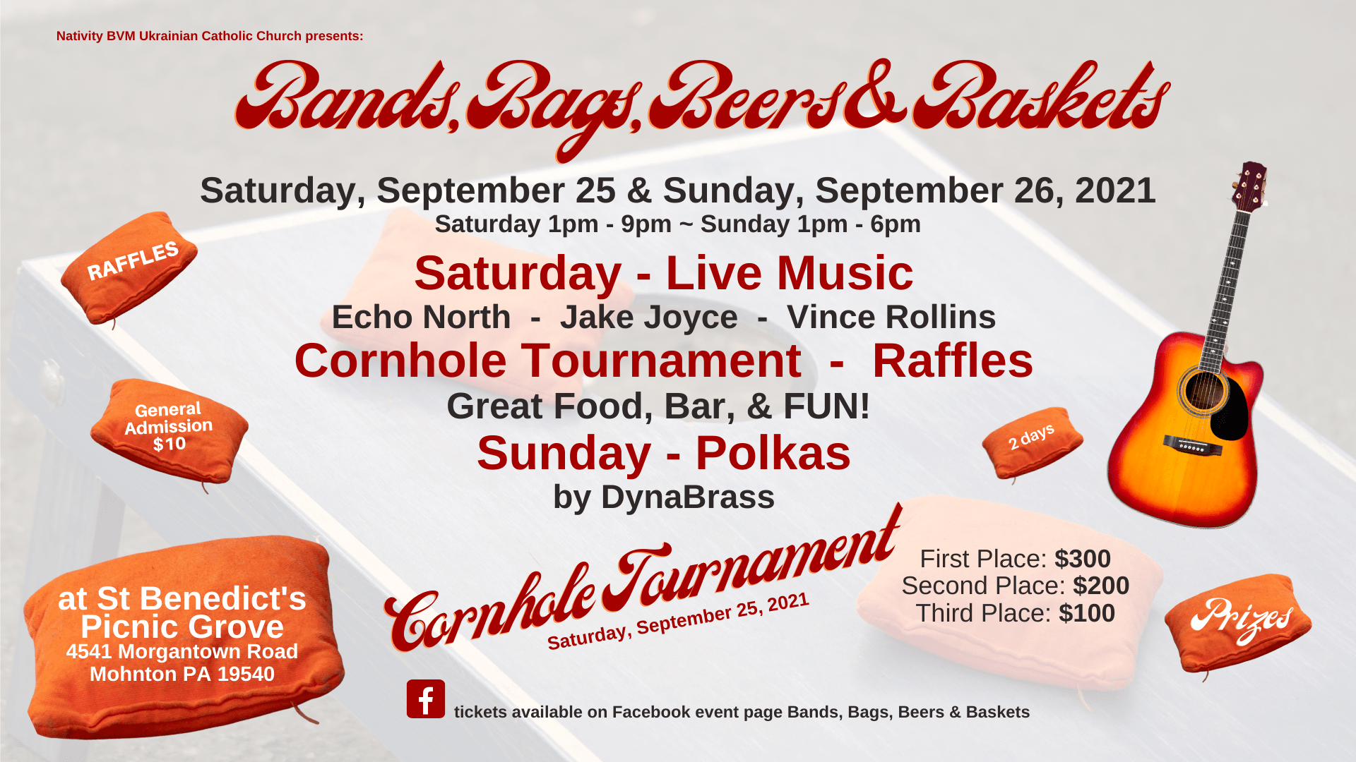 Bands, Bags, Beers & Baskets event flyer with live music, cornhole, raffle, poker, and guitar graphic