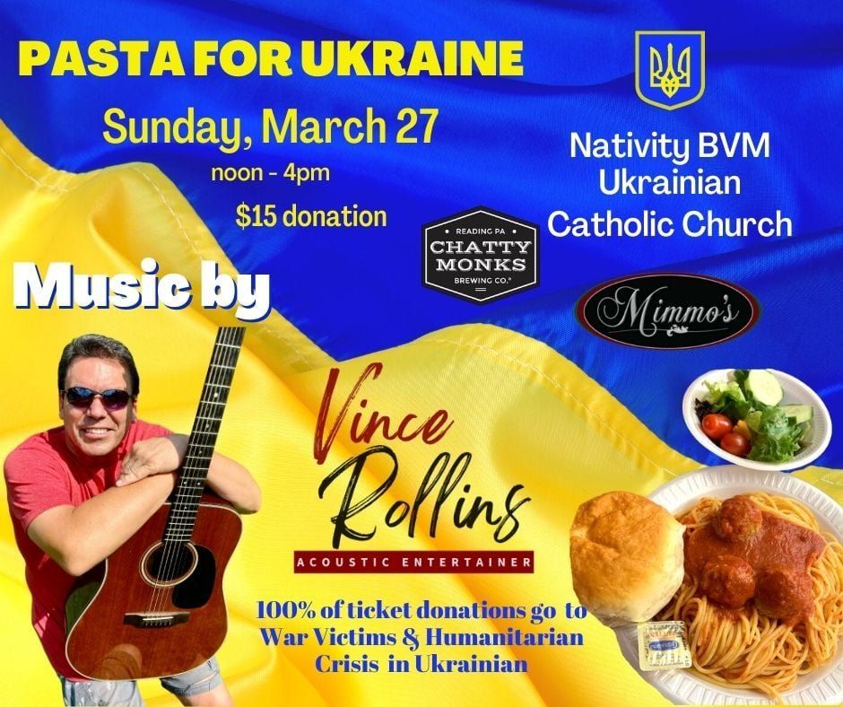 Pastel concert poster for Pasta for Ukraine fundraiser, with musician Vince Rollins, date, church, and food images