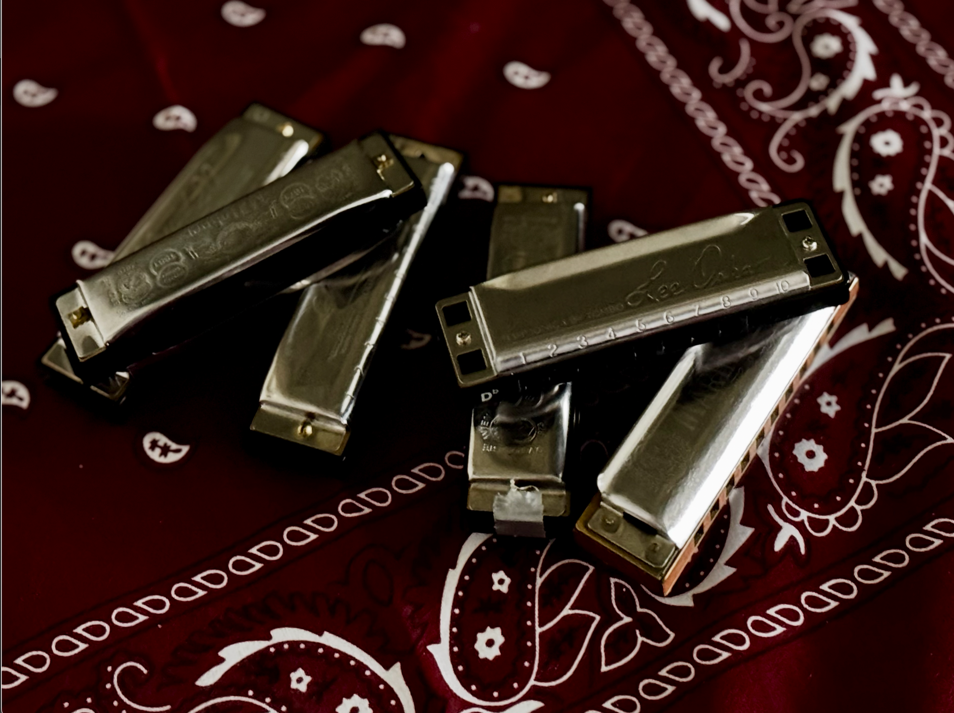 Several silver harmonicas on a red patterned cloth