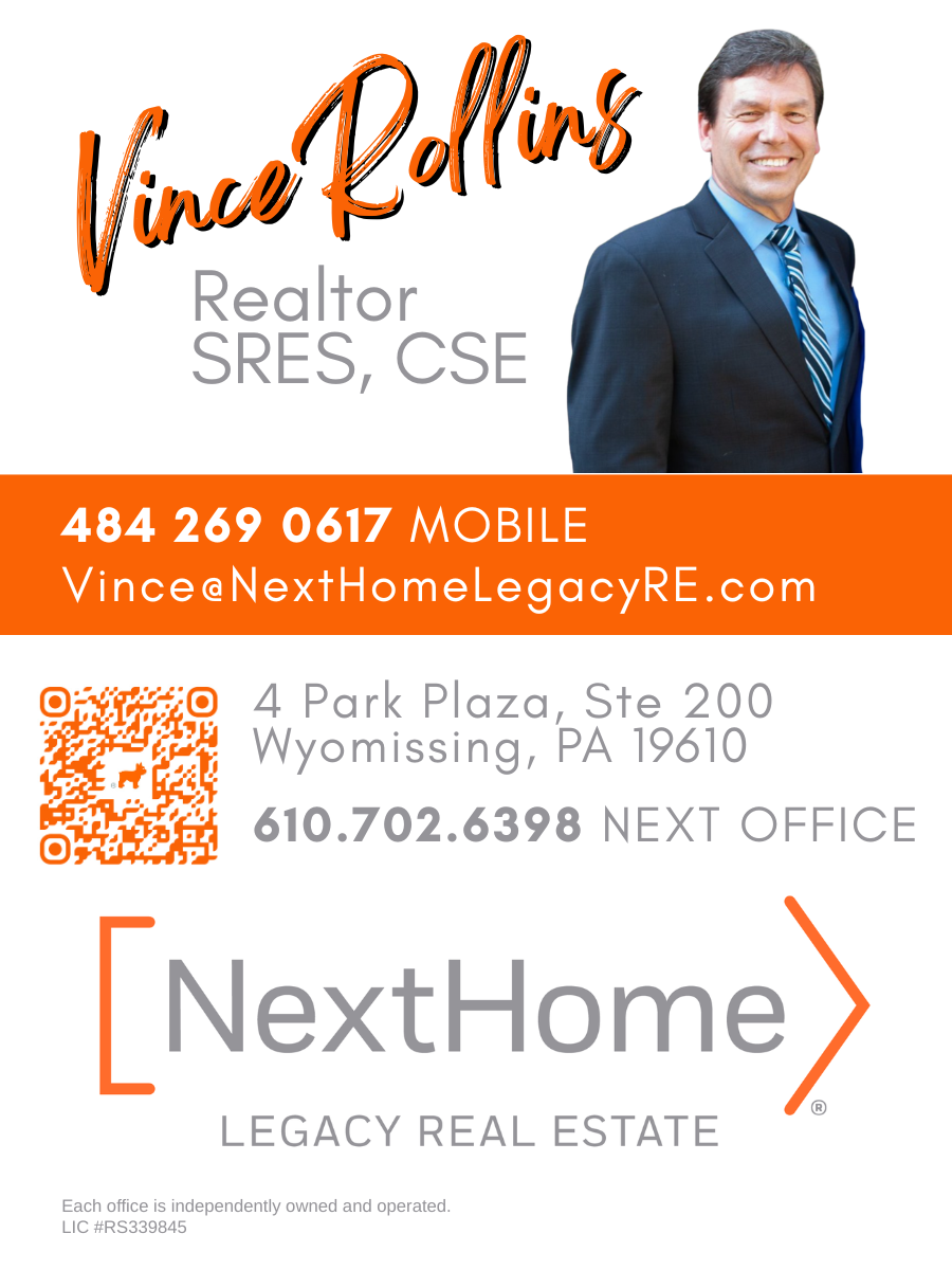 Real estate business card for Vince Rollins, NextHome Legacy Real Estate, with contact details and QR code