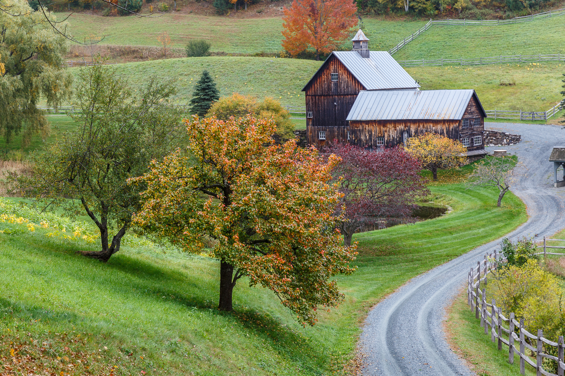 Rural farmhouse with white roof beside a winding gravel road and autumn trees on a green hillside.