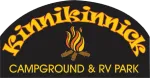 Kinnikinnick Campground & RV Park logo with orange text and a campfire icon on a dark background