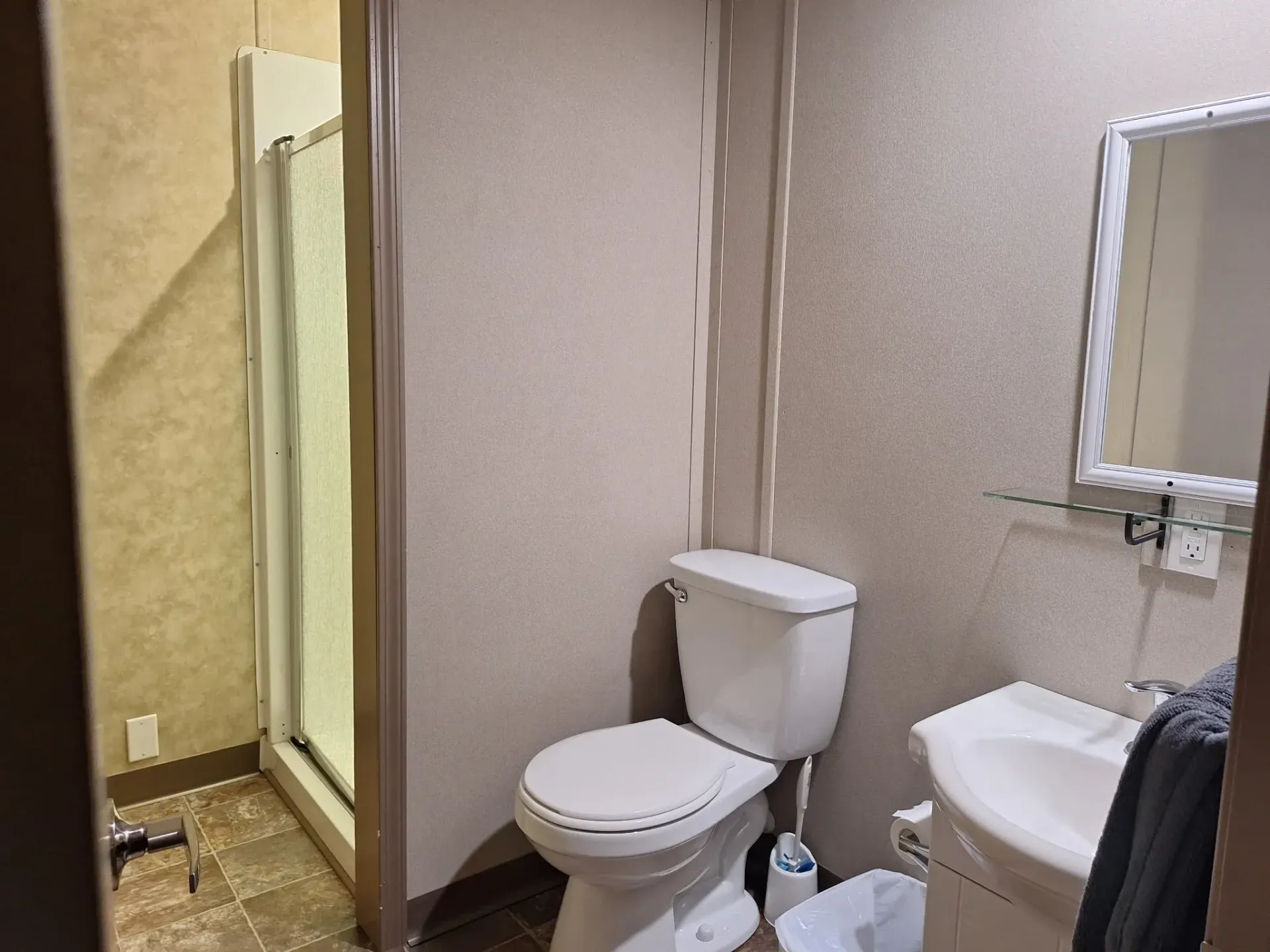 Small bathroom with toilet, sink, mirror, and shower stall in beige and brown tones.