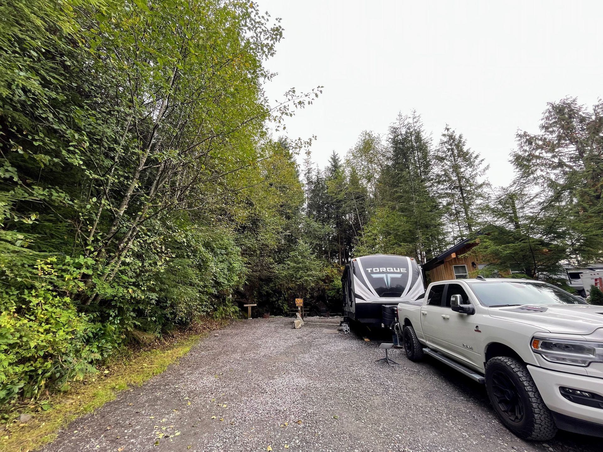 Parked trucks and a trailer on a gravel road beside dense green trees.