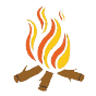 Stylized campfire with orange-yellow flames and three brown logs stacked in a teepee shape