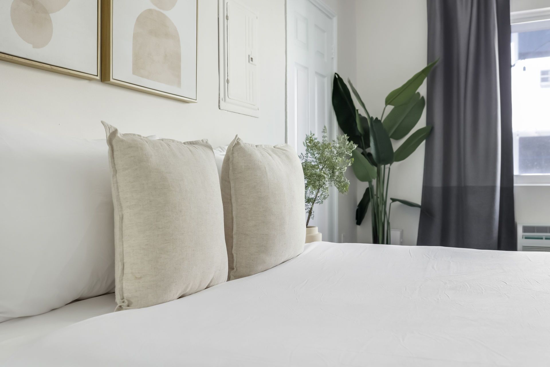 Bed with white linens and cream pillows, artwork on the wall, and a large plant.