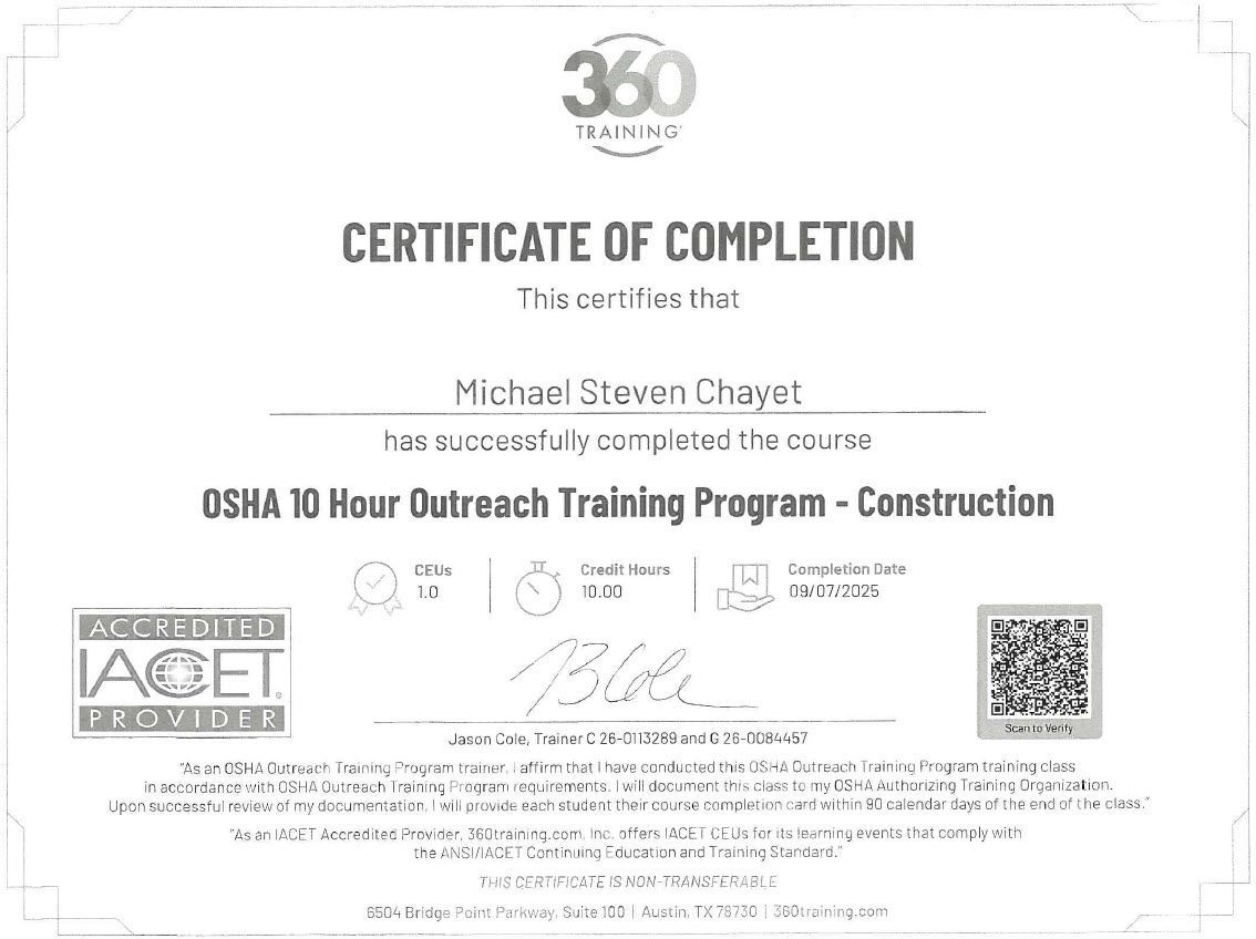 OSHA 10-Hour Construction Outreach Training — Michael Steven Chayet