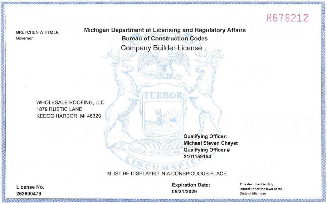 Michigan Company Builder License — Wholesale Roofing LLC License #262600479