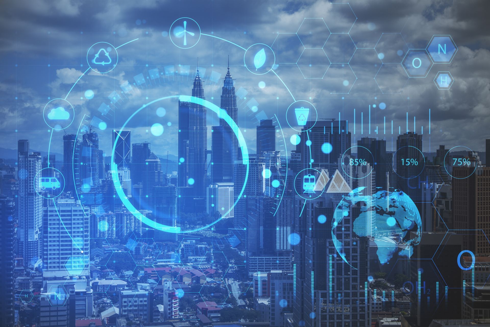 A city skyline with a futuristic display of a global network.