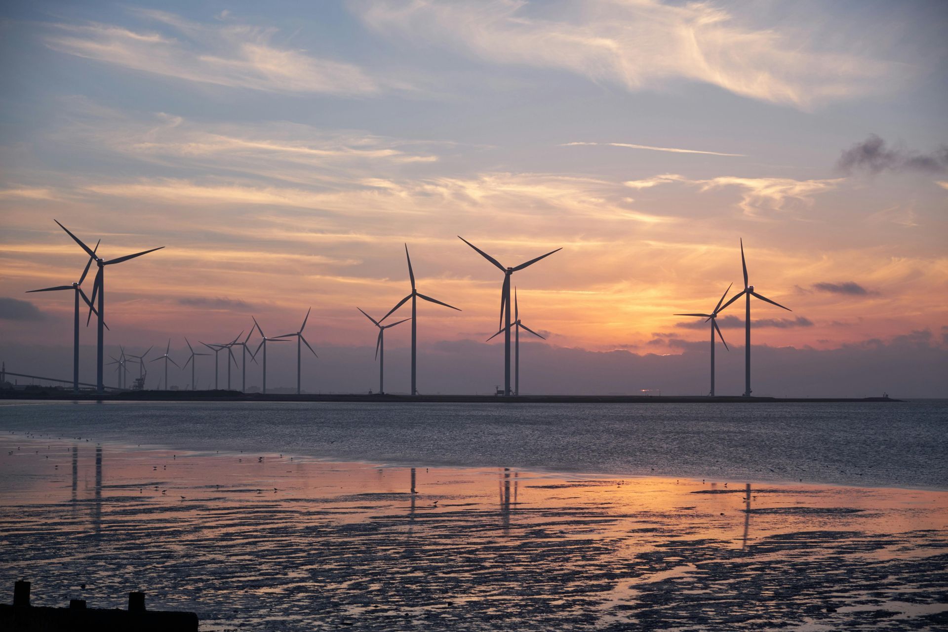 A row of wind turbines on a beach at sunset.