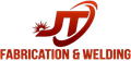 Logo for JT Fabrication & Welding, featuring initials "JT" in red, welding spark, and arc.