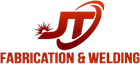 Logo for JT Fabrication & Welding, featuring initials "JT" in red, welding spark, and arc.