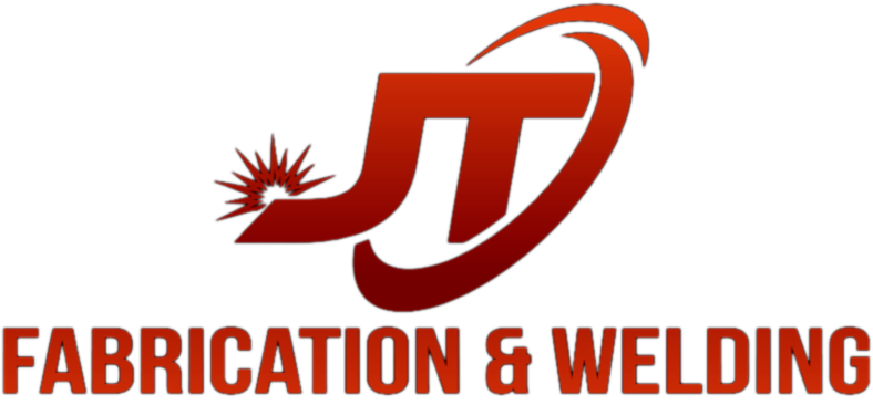 Logo for JT Fabrication & Welding, featuring initials "JT" in red, welding spark, and arc.