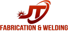 Logo for JT Fabrication & Welding, featuring initials "JT" in red, welding spark, and arc.