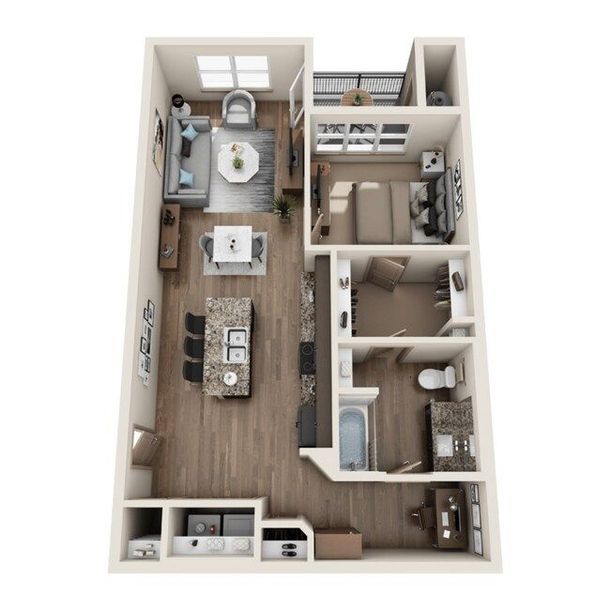 Floor plan of an apartment with a kitchen, living area, bedroom, bathroom, and small balcony.