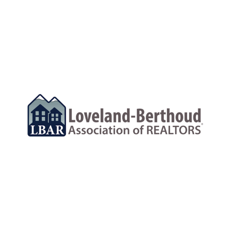 Loveland-Berthoud Association of REALTORS logo with blue house icon and gray text on white background