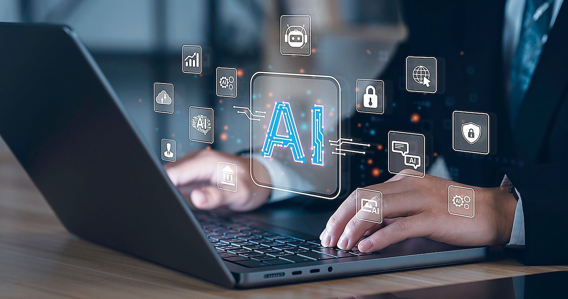 Professional using AI tools on a laptop during an online training session