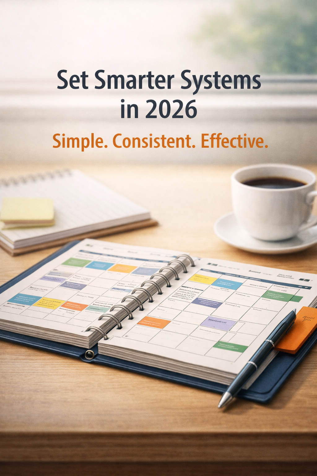 Business planner with color-coded calendar system and coffee on desk